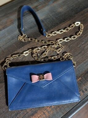 Tory Burch Navy Leather Crossbody with Pink Bow & Gold Chain